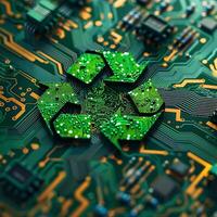 Green technology computer chip recycle sign on circuit generated by AI photo