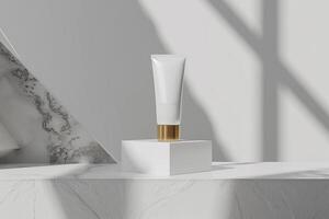 Empty mockup of cosmetic tube on podium generated by AI photo