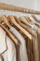 Close up of hanging clothes hang on wooden hangers generated by AI photo