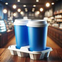Colorful Takeaway Cups in a Carrier with a Blurred Coffee Shop Background for Mockup and Branding Use photo