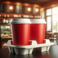Colorful Takeaway Cups in a Carrier with a Blurred Coffee Shop Background for Mockup and Branding Use photo