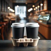 Colorful Takeaway Cups in a Carrier with a Blurred Coffee Shop Background for Mockup and Branding Use photo