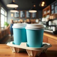 Colorful Takeaway Cups in a Carrier with a Blurred Coffee Shop Background for Mockup and Branding Use photo