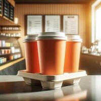 Colorful Takeaway Cups in a Carrier with a Blurred Coffee Shop Background for Mockup and Branding Use photo