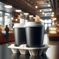 Colorful Takeaway Cups in a Carrier with a Blurred Coffee Shop Background for Mockup and Branding Use photo
