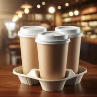 Colorful Takeaway Cups in a Carrier with a Blurred Coffee Shop Background for Mockup and Branding Use photo