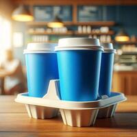 Colorful Takeaway Cups in a Carrier with a Blurred Coffee Shop Background for Mockup and Branding Use photo