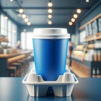 Colorful Takeaway Cups in a Carrier with a Blurred Coffee Shop Background for Mockup and Branding Use photo