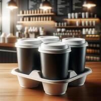 Colorful Takeaway Cups in a Carrier with a Blurred Coffee Shop Background for Mockup and Branding Use photo
