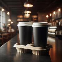 Colorful Takeaway Cups in a Carrier with a Blurred Coffee Shop Background for Mockup and Branding Use photo
