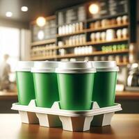 Colorful Takeaway Cups in a Carrier with a Blurred Coffee Shop Background for Mockup and Branding Use photo