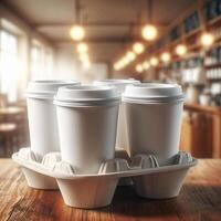 Colorful Takeaway Cups in a Carrier with a Blurred Coffee Shop Background for Mockup and Branding Use photo