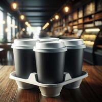 Colorful Takeaway Cups in a Carrier with a Blurred Coffee Shop Background for Mockup and Branding Use photo