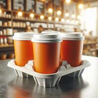 Colorful Takeaway Cups in a Carrier with a Blurred Coffee Shop Background for Mockup and Branding Use photo