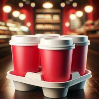 Colorful Takeaway Cups in a Carrier with a Blurred Coffee Shop Background for Mockup and Branding Use photo