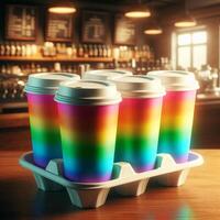 Colorful Takeaway Cups in a Carrier with a Blurred Coffee Shop Background for Mockup and Branding Use photo