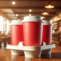 Colorful Takeaway Cups in a Carrier with a Blurred Coffee Shop Background for Mockup and Branding Use photo