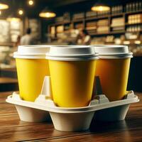 Colorful Takeaway Cups in a Carrier with a Blurred Coffee Shop Background for Mockup and Branding Use photo
