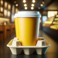 Colorful Takeaway Cups in a Carrier with a Blurred Coffee Shop Background for Mockup and Branding Use photo