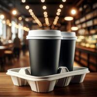 Colorful Takeaway Cups in a Carrier with a Blurred Coffee Shop Background for Mockup and Branding Use photo