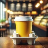 Colorful Takeaway Cups in a Carrier with a Blurred Coffee Shop Background for Mockup and Branding Use photo