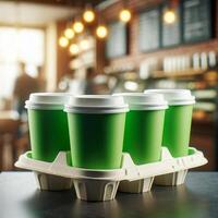 Colorful Takeaway Cups in a Carrier with a Blurred Coffee Shop Background for Mockup and Branding Use photo