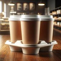 Colorful Takeaway Cups in a Carrier with a Blurred Coffee Shop Background for Mockup and Branding Use photo