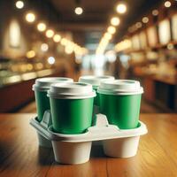 Colorful Takeaway Cups in a Carrier with a Blurred Coffee Shop Background for Mockup and Branding Use photo