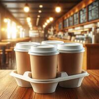 Colorful Takeaway Cups in a Carrier with a Blurred Coffee Shop Background for Mockup and Branding Use photo