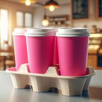 Colorful Takeaway Cups in a Carrier with a Blurred Coffee Shop Background for Mockup and Branding Use photo