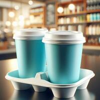 Colorful Takeaway Cups in a Carrier with a Blurred Coffee Shop Background for Mockup and Branding Use photo