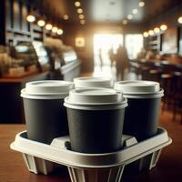 Colorful Takeaway Cups in a Carrier with a Blurred Coffee Shop Background for Mockup and Branding Use photo