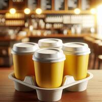 Colorful Takeaway Cups in a Carrier with a Blurred Coffee Shop Background for Mockup and Branding Use photo