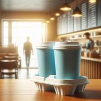 Colorful Takeaway Cups in a Carrier with a Blurred Coffee Shop Background for Mockup and Branding Use photo