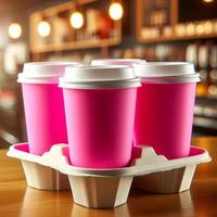Colorful Takeaway Cups in a Carrier with a Blurred Coffee Shop Background for Mockup and Branding Use photo