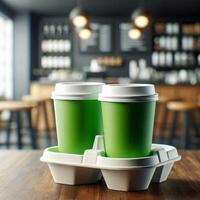 Colorful Takeaway Cups in a Carrier with a Blurred Coffee Shop Background for Mockup and Branding Use photo