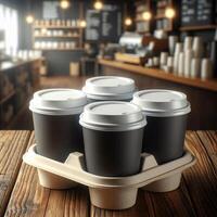Colorful Takeaway Cups in a Carrier with a Blurred Coffee Shop Background for Mockup and Branding Use photo