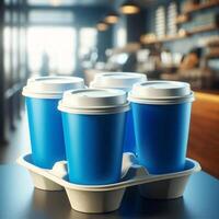 Colorful Takeaway Cups in a Carrier with a Blurred Coffee Shop Background for Mockup and Branding Use photo