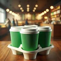 Colorful Takeaway Cups in a Carrier with a Blurred Coffee Shop Background for Mockup and Branding Use photo
