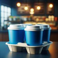 Colorful Takeaway Cups in a Carrier with a Blurred Coffee Shop Background for Mockup and Branding Use photo