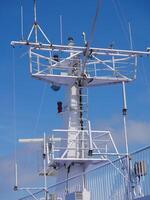 Radar antennas on board of a cruise ferry ship. Navigation system of the liner. Elements of radio location equipment in the ultrasonic wave range. photo