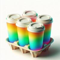 A vibrant array of colorful, transparent, and rainbow takeaway cup mockups on a white background, perfect for stock photos and branding