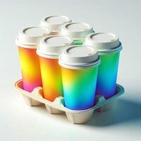 A vibrant array of colorful, transparent, and rainbow takeaway cup mockups on a white background, perfect for stock photos and branding