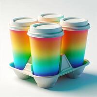 A vibrant array of colorful, transparent, and rainbow takeaway cup mockups on a white background, perfect for stock photos and branding