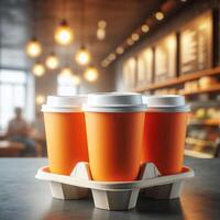 Colorful Takeaway Cups in a Carrier with a Blurred Coffee Shop Background for Mockup and Branding Use photo
