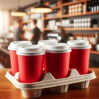 Colorful Takeaway Cups in a Carrier with a Blurred Coffee Shop Background for Mockup and Branding Use photo