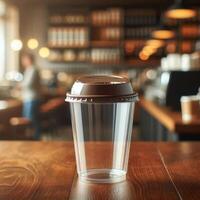 Vibrant Takeaway Cup in Various Colors with a Blurred Coffee Shop Background for Mockup and Branding Use photo