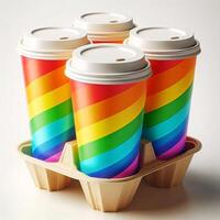 A vibrant array of colorful, transparent, and rainbow takeaway cup mockups on a white background, perfect for stock photos and branding