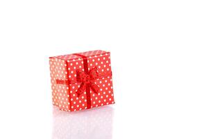 beautiful new year red gift boxes on white background photo