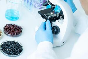 Scientist analyze biochemical samples in advanced scientific laboratory. Medical professional use microscope look microbiological developmental of viral. Biotechnology research in science lab. photo